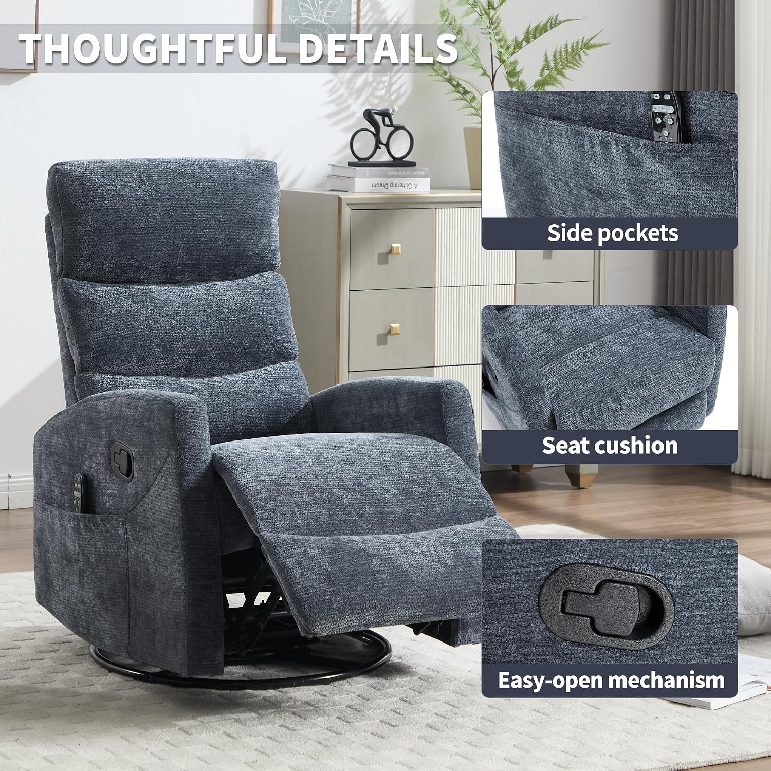 Manual Swivel Rocker Recliner Chair for Adults, Overstuffed Reclining Glider Chair for Nursing with Vibration Massage & Heat, Living Room Rocking Recliner 3-Stage backrest, Chenille Fabric Blue