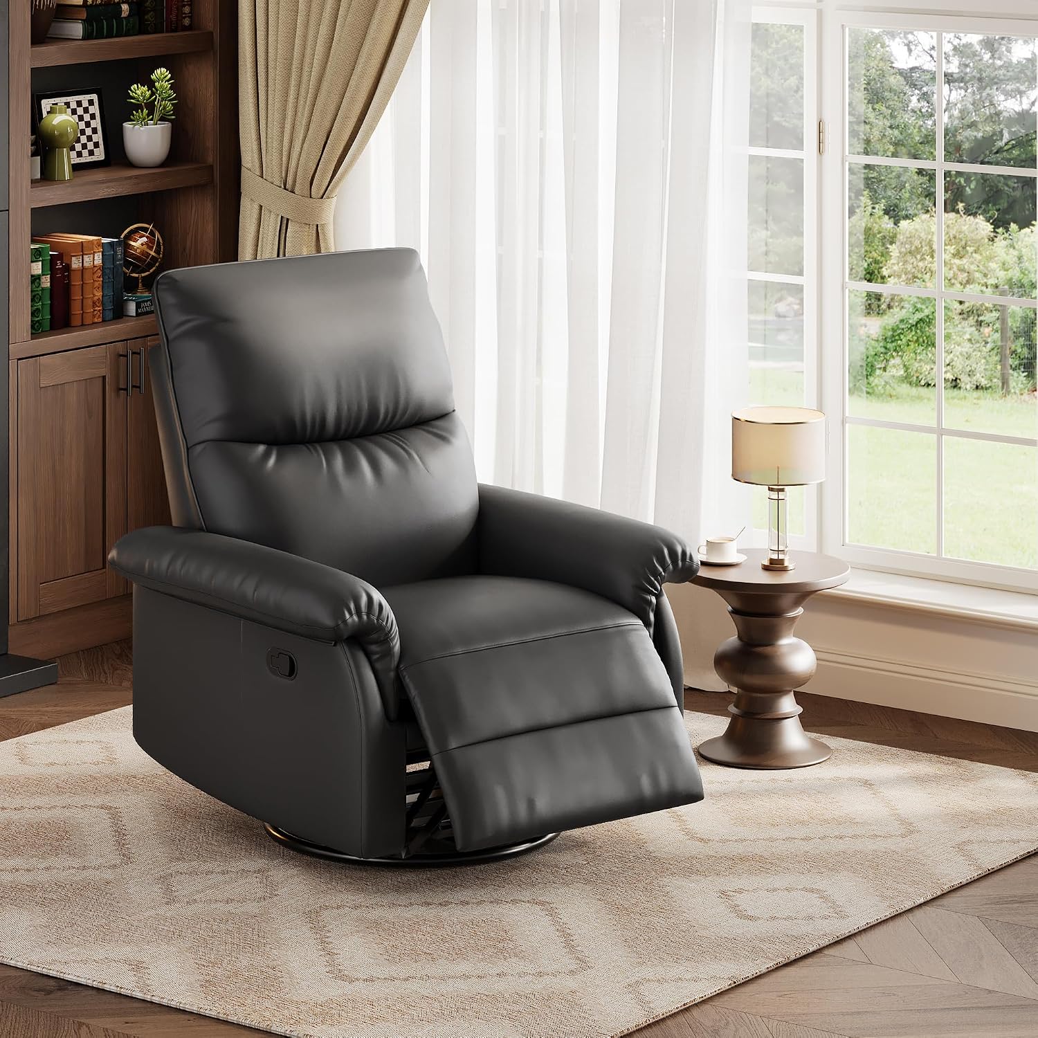 IDEALHOUSE Manual Recliner Chair, 360° Swivel Rocker Glider Recliner with Padded Armrests, Modern PU Leather Upholstered Reclining Chair for Living Room Bedroom and Nursery (Dark Black)
