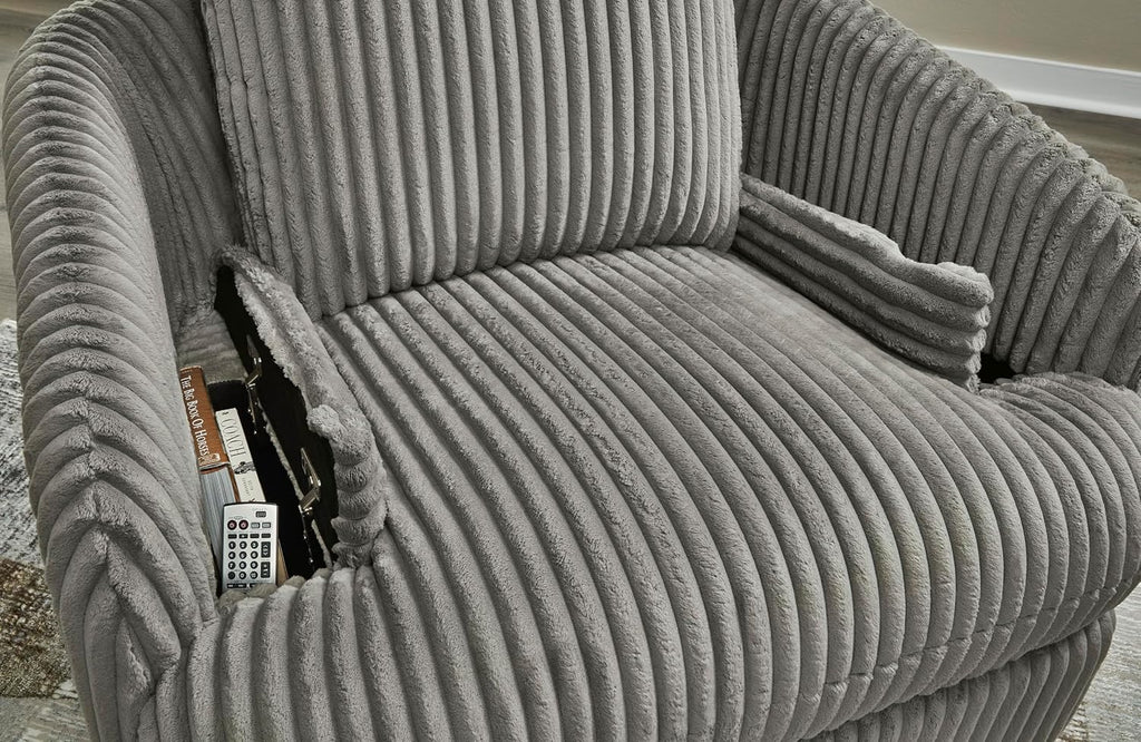 Signature Design by Ashley Tie-Breaker Swivel Glider Recliner, 2 Bolster Pillows, Hidden Storage, Fabric Upholstery, 41.38' W x 40.25' D x 39.75' H, Light Gray