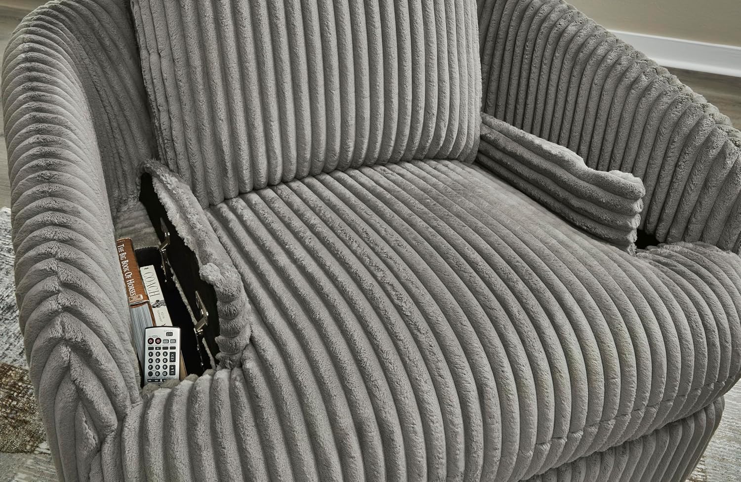 Signature Design by Ashley Tie-Breaker Swivel Glider Recliner, 2 Bolster Pillows, Hidden Storage, Fabric Upholstery, 41.38' W x 40.25' D x 39.75' H, Light Gray