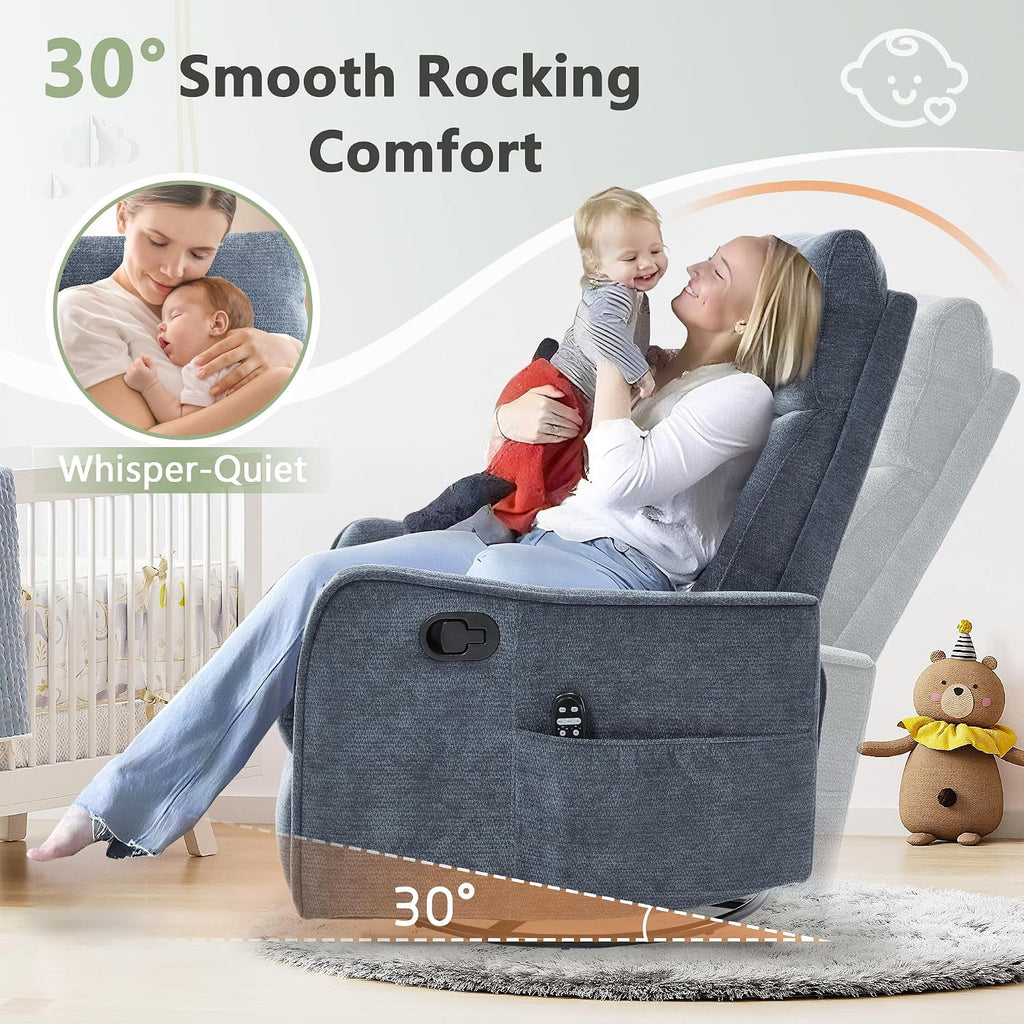 cinkehome Heated Massage Swivel Rocker Recliner Chair for Nursery - Small Space Reclining Chair with Lumbar Support, 360° Swivel & Gentle Rocking, Ergonomic High Back Chenille Fabric Blue