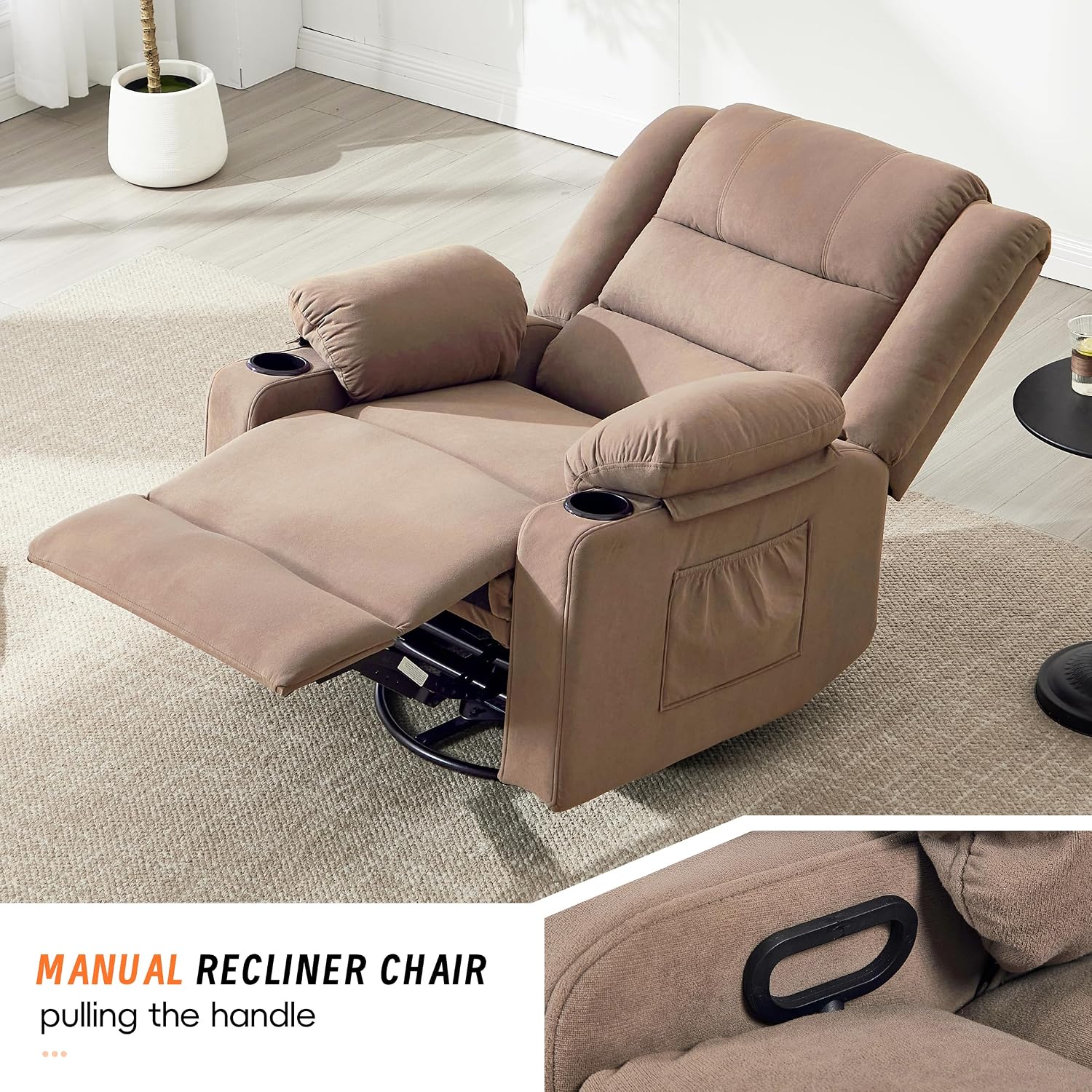 360°Swivel Rocker Recliner Chair for Adults,Manual Glider Recliner Sofa with Massage and Heating, Nursery Rocking Chairs with Cup Holds for Living Room Bedroom (Light Mocha)