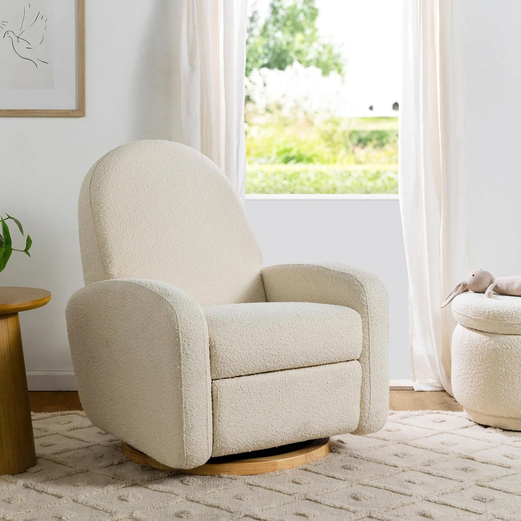 Babyletto Nami Electronic Power Recliner and Swivel Glider with USB Port in Ivory Boucle with Light Wood Base, Greenguard Gold and CertiPUR-US Certified