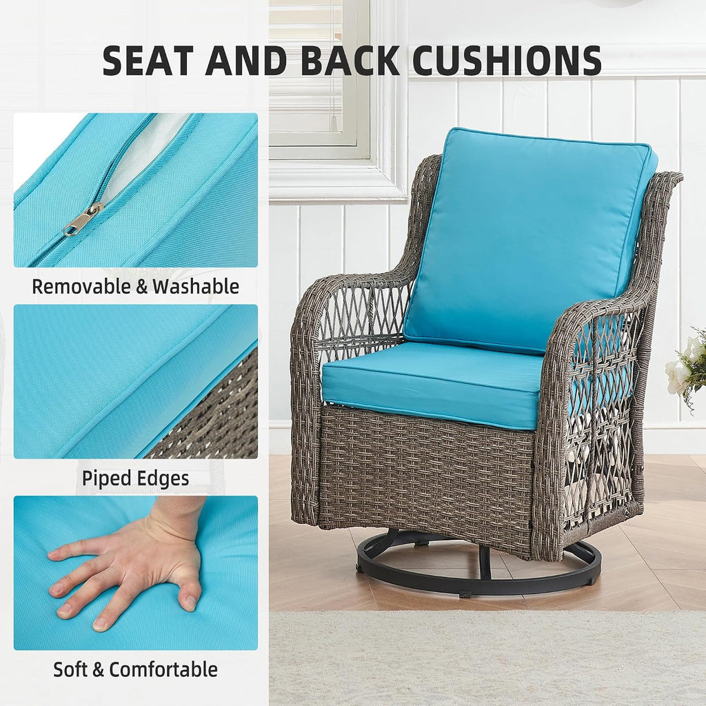 GAOMON 3 Pieces Outdoor Swivel Rocker Chair Set of 2 with Small Side Table, 360-Degree Swivel Rocking Chair, Outdoor Rocking Chair Set for Patio Porch Pool (Gray Rattan/Light Blue Cushion)