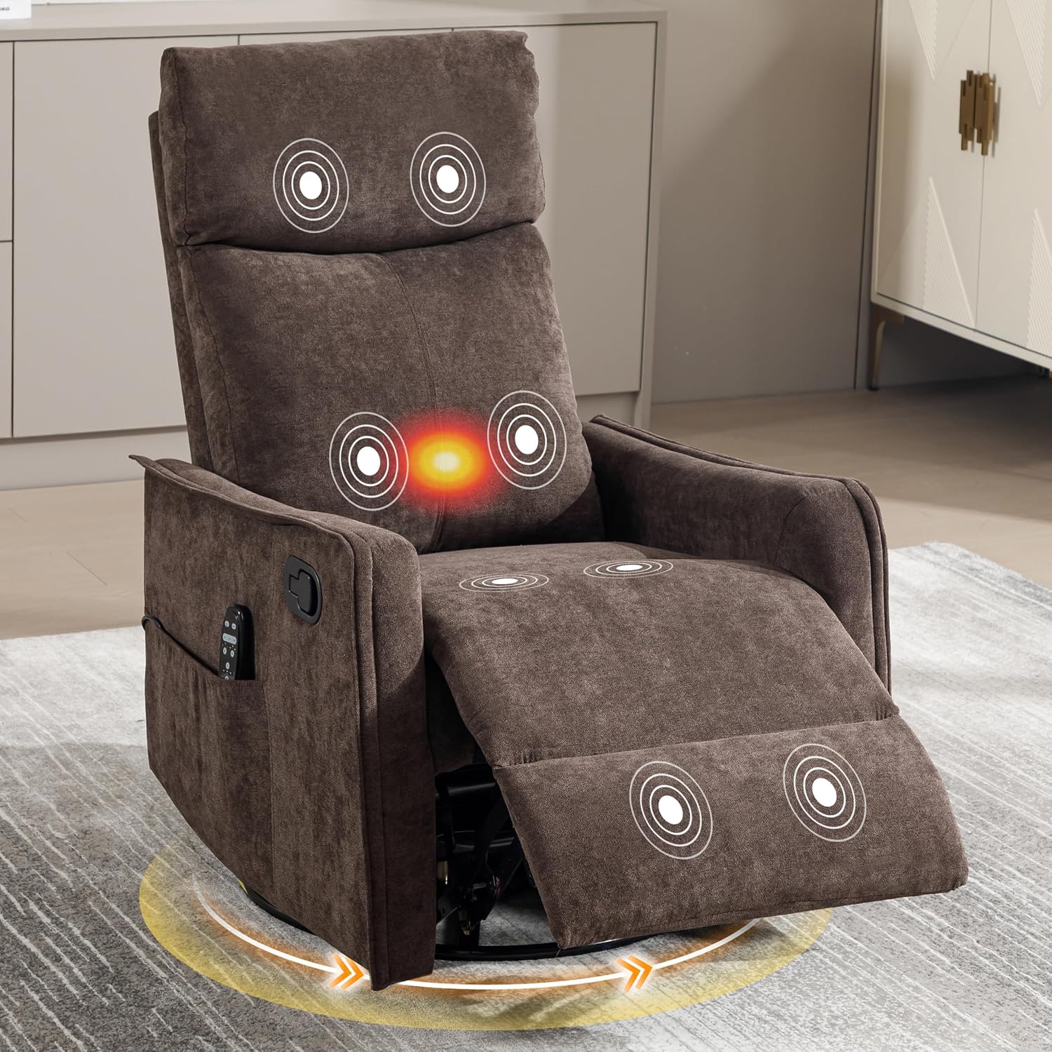 Manual 360° Swivel Rocker Recliner Chair for Adults, Overstuffed Glider Chair for Nursery with Vibration Massage & Heat, Comfy Soft Fabric Recliner Chair with Side Pockets for Living Room, Brown