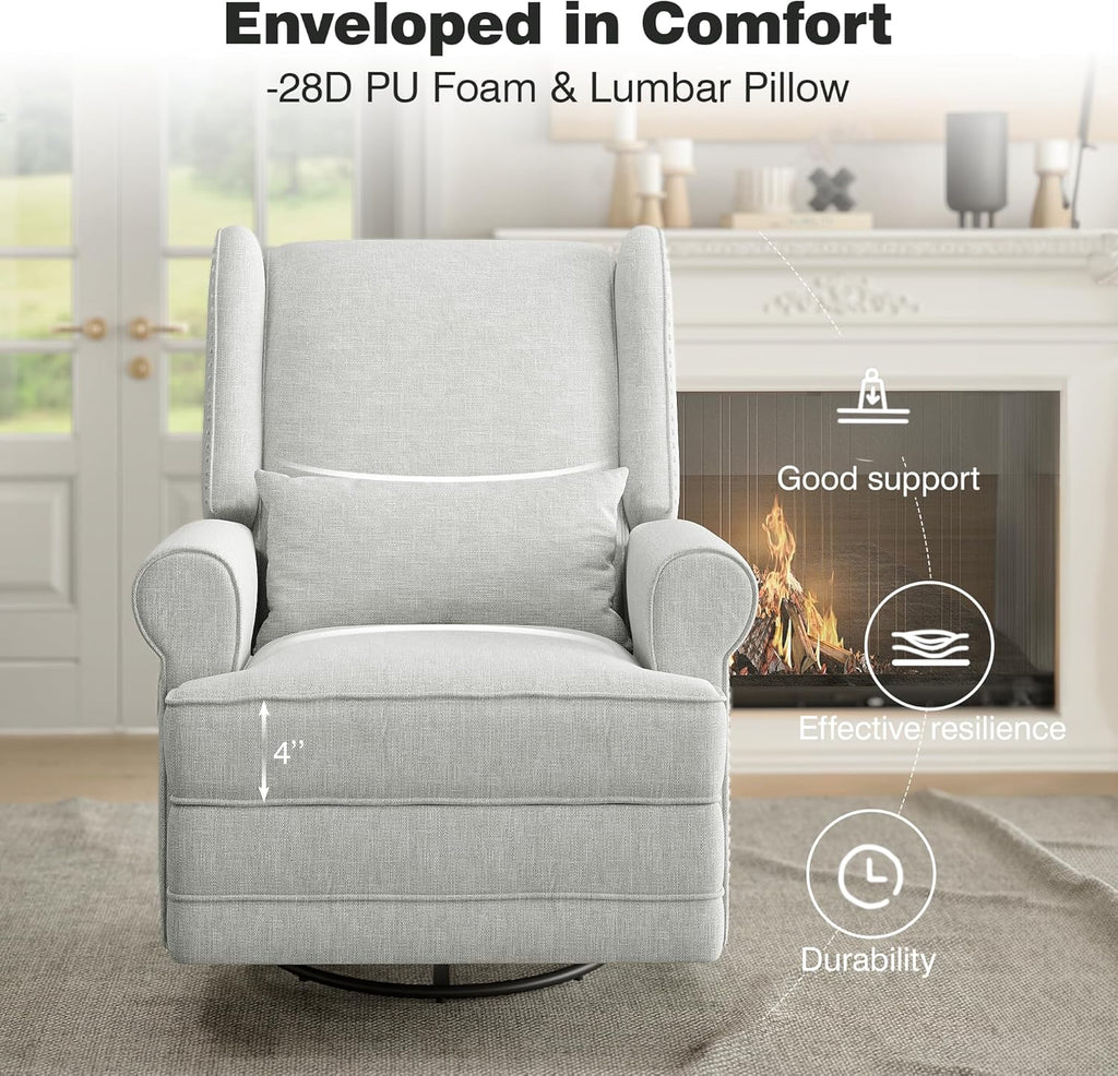 RoyalCraft Swivel Recliner Chair with Extra Large Footrest, Comfy Upholstered Glider Rocking Chair for Living Room, Bedroom and Office, Off White