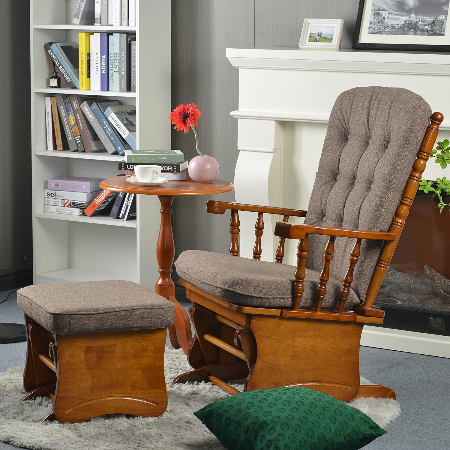 Anti-Pinch Nursery Glider Rocking Chair with Ottoman, Solid Rubber Wood Frame, Silent Smooth Gliding Design, Vintage Carved Armrest for Nursing, Living Room, Bedroom, Oak