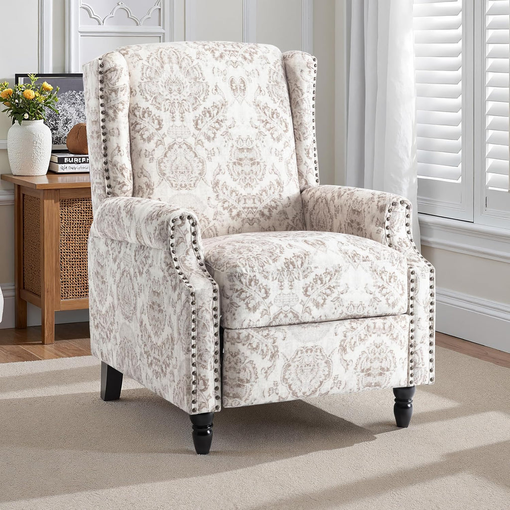Pushback Recliner Chair, Floral Fabric Wingback Recliner Chair, Upholstered Armchair Push Back Recliner, Rivet Trim Single Sofa Accent Chair with Wood Legs for Living Room, Beige