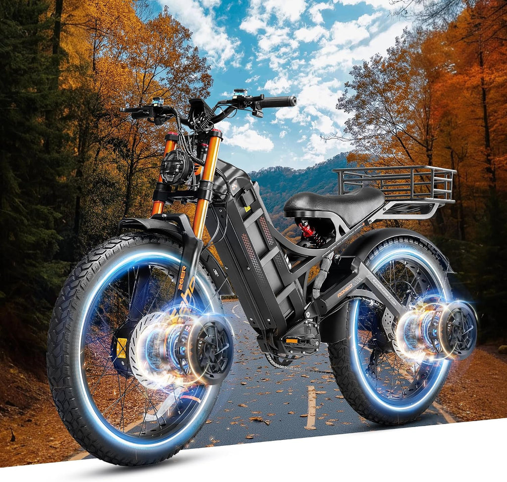 eAhora 2025 Romeo Pro 2 Electric Bike for Adults 4000W Dual Motor Electric Bicycle 46MPH 52V 70Ah 200+Miles Long Range 26 * 4.0 Fat Tire Full Suspension Electric Mountain Bike with Rack+Basket Black