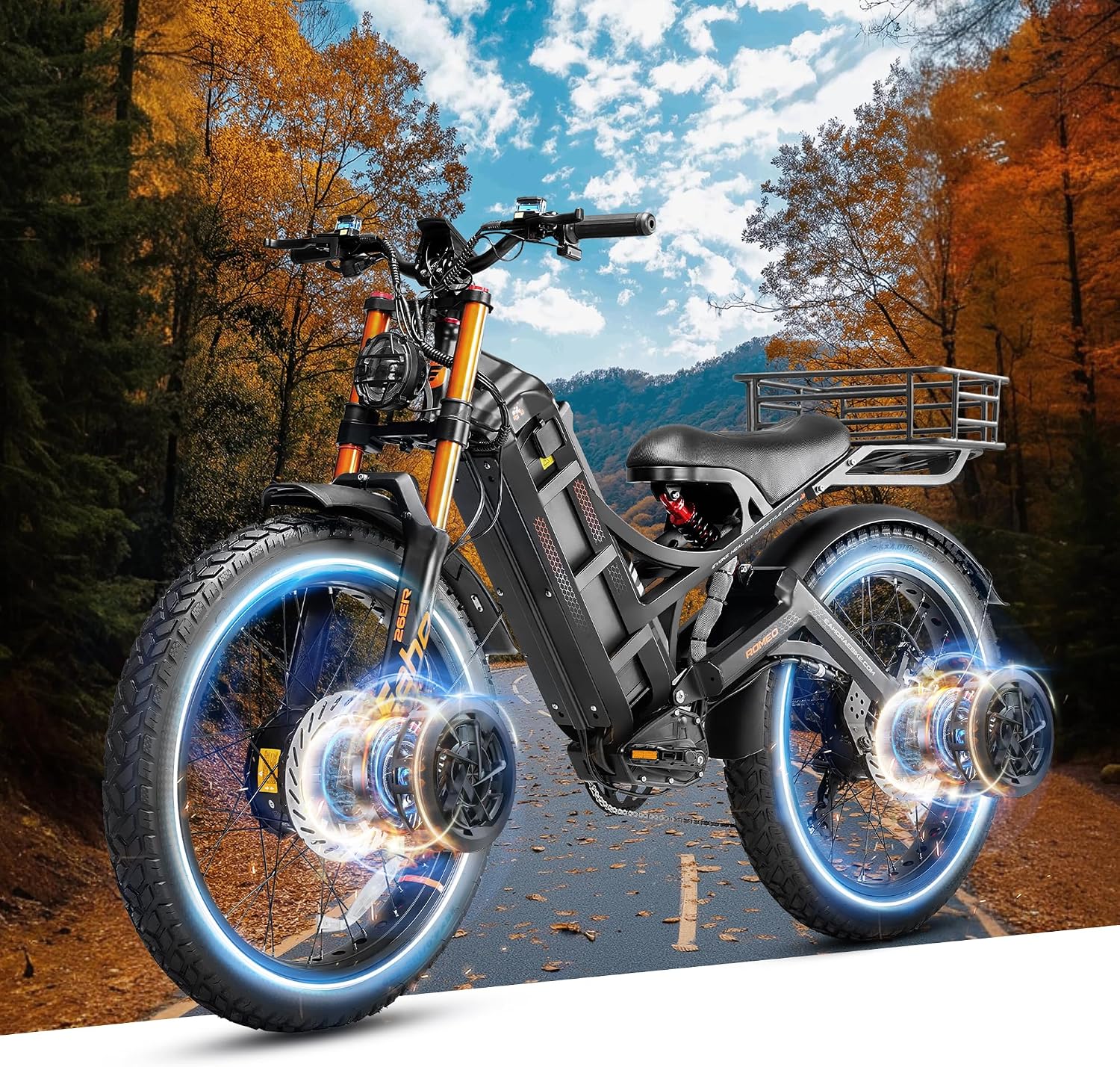 eAhora 2025 Romeo Pro 2 Electric Bike for Adults 4000W Dual Motor Electric Bicycle 46MPH 52V 70Ah 200+Miles Long Range 26 * 4.0 Fat Tire Full Suspension Electric Mountain Bike with Rack+Basket Black