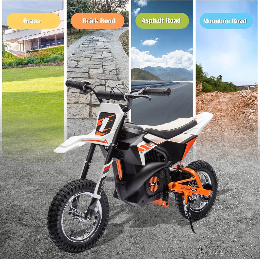 24V Kids Electric Dirt Bike, 250W Strong Motor 14MPH Fast Speed Electric Off-Road Motorcycle, Leather Seat Battery Powered Off-Road Bike, White
