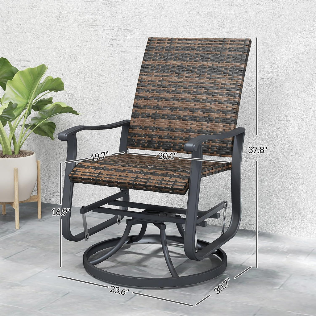 Outsunny Patio Glider Chair Set of 2, Wicker Rattan Outdoor Swivel Chair with Steel Frame, High Back, Armrests, Porch Glider with Adjustable Foot Pads for Garden, Lawn, Backyard, Brown