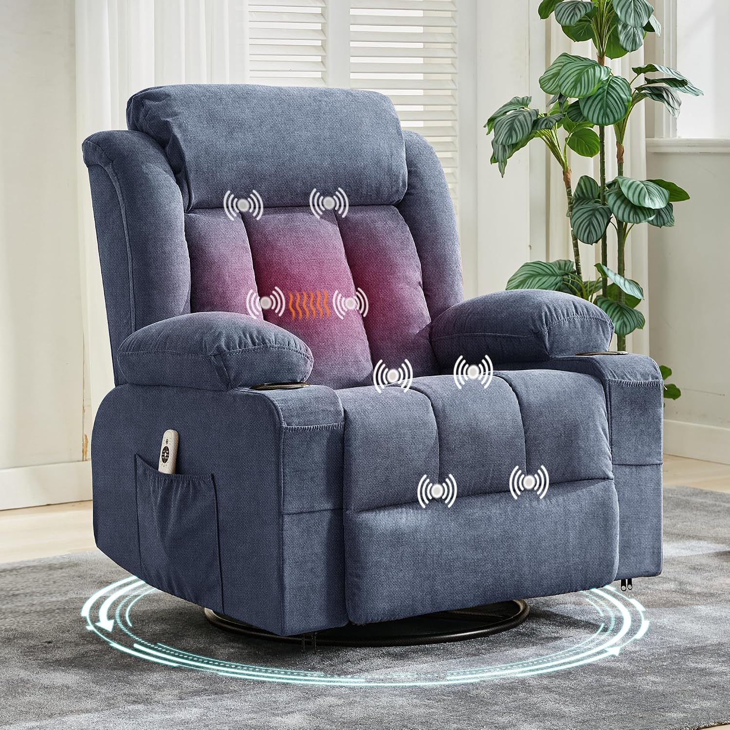 Oversized Swivel Rocker Recliner Chair with Heat & Massage, 3-Position Adjustable Nursery Recliner for Adults, Dual Cup Holders, Side Pockets, USB Charging Ports Blue