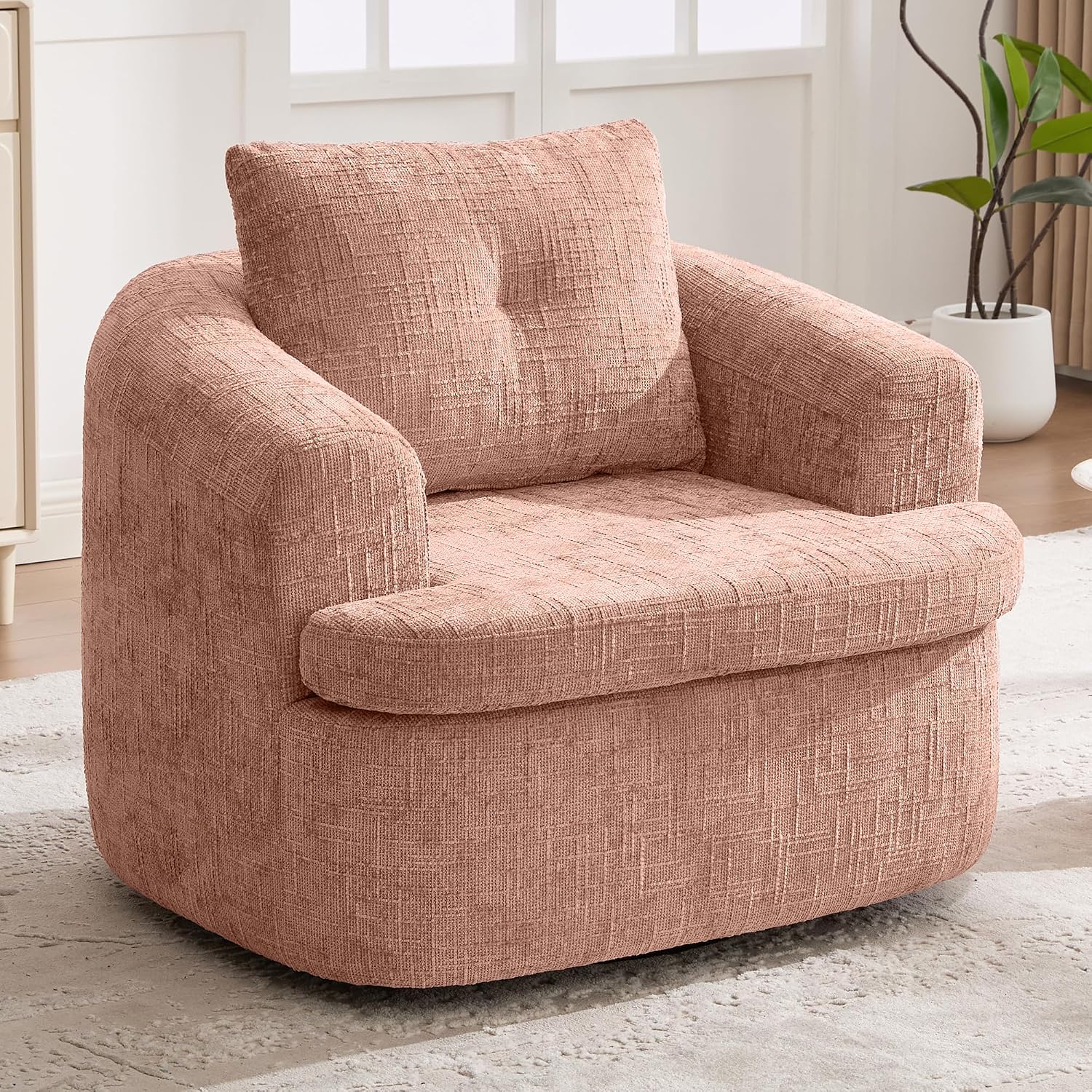 JIVOIT 360° Swivel Barrel Accent Chair, 36.6' Swivel Round Sofa Chair with Dual-Layer Cushion Design, Modern Upholstered Single Sofa for Living Room, Bedroom, Office and Hotel (Pink, 121)