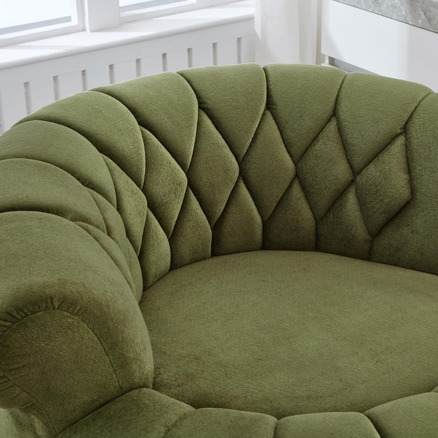 360° Swivel Accent Chair, Chenille Fabric Barrel Swivel Chair Round Club Chair with Curved Armrests & Thick Cushioning, Stylish Channel-Tufted & Diamond-Quilted Backrest for Living Room (Green,02)