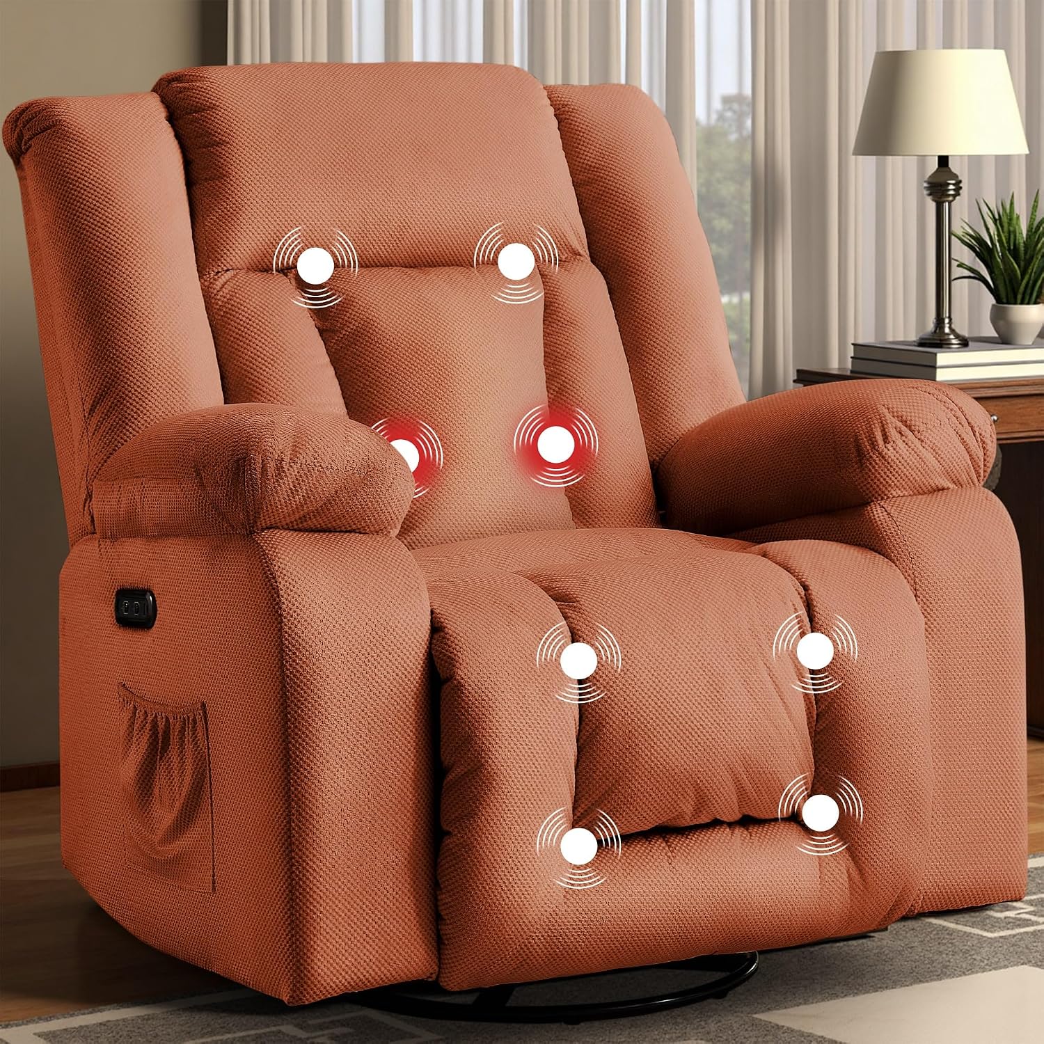 Korser Rocker Recliner Chairs for Adults, Swivel Rocking Chair with Heat and Massage, Modern Electric Recliner with Extra Wide, Waffle Fabric Massage Chair Recliner for Living Room, Bedroom