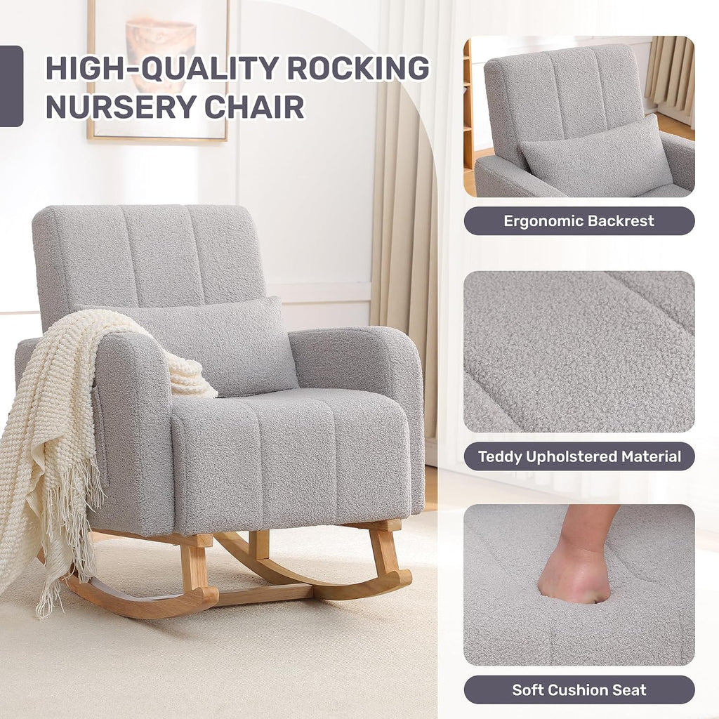 HCHAIRH Rocking Chair with Ottoman, Nursing Glider Rocker with High Backrest and Side Pocket, Comfy Reading Chair with Solid Wood Legs for Nursery/Living Room/Bedroom Light Grey
