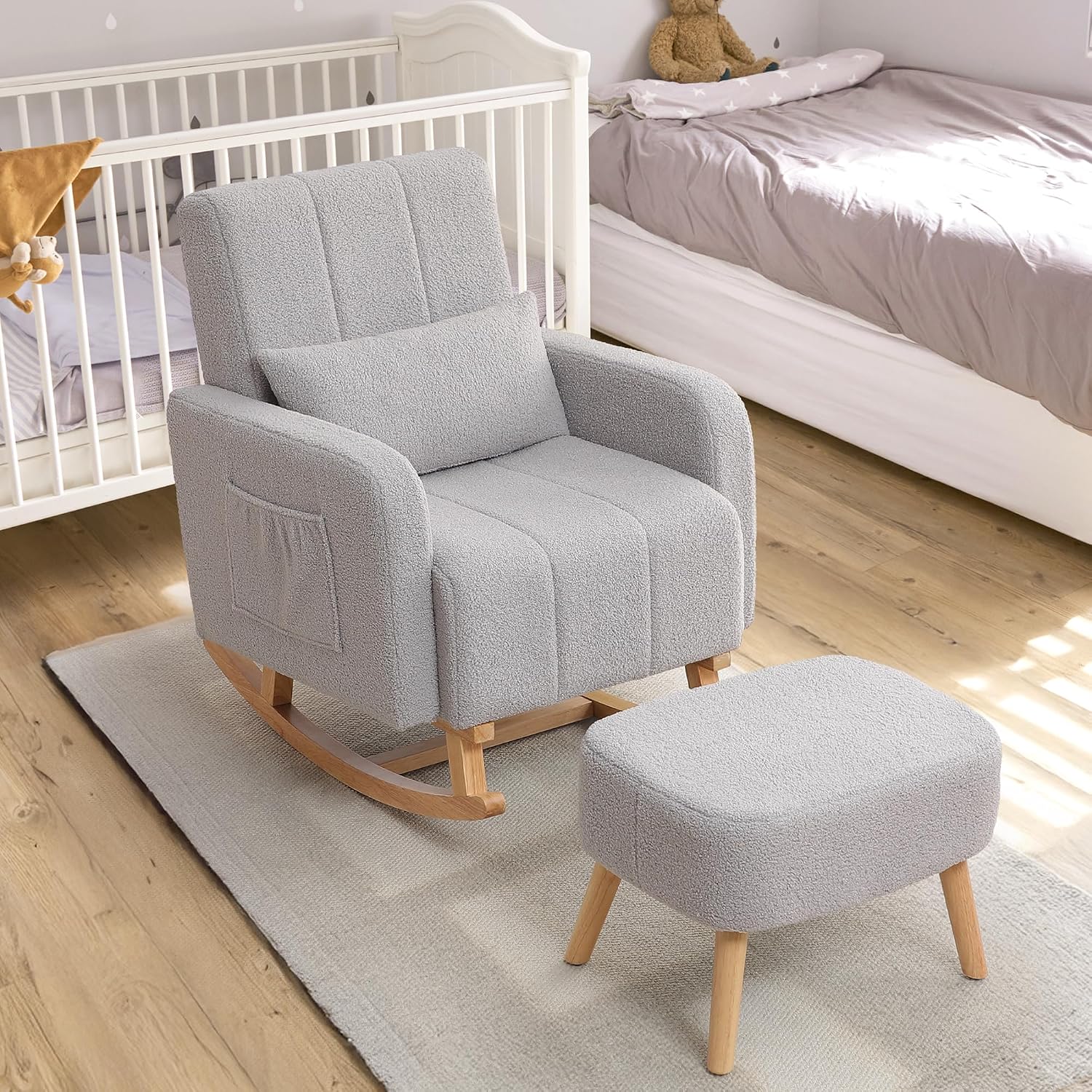 HCHAIRH Rocking Chair with Ottoman, Nursing Glider Rocker with High Backrest and Side Pocket, Comfy Reading Chair with Solid Wood Legs for Nursery/Living Room/Bedroom Light Grey