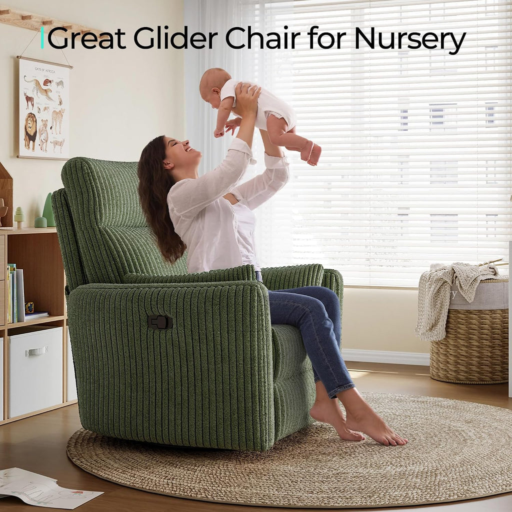 LINSY 360 Swivel Recliner Chair, Nursery Glider Rocking Chair with 2 Pillows, Corduroy Nursing Chair Comfy High Back Adult Rocker Recliner for Small Spaces, Nursery Bedroom Living Room (Green)