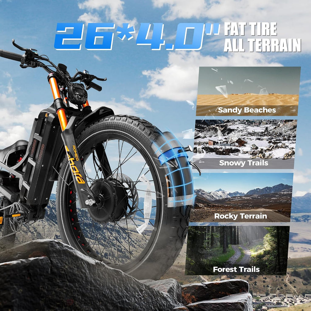2026 eAhora Romeo Pro 3/2 50-46 Mph Electric Bike for Adults, 5600W/4000W/2500W Dual Motor Ebike 60V 80Ah/52V 70Ah Battery 200 Miles Long Range, 26*4.0'/20*4.5' Fat Tire, Full Suspension, All Terrain