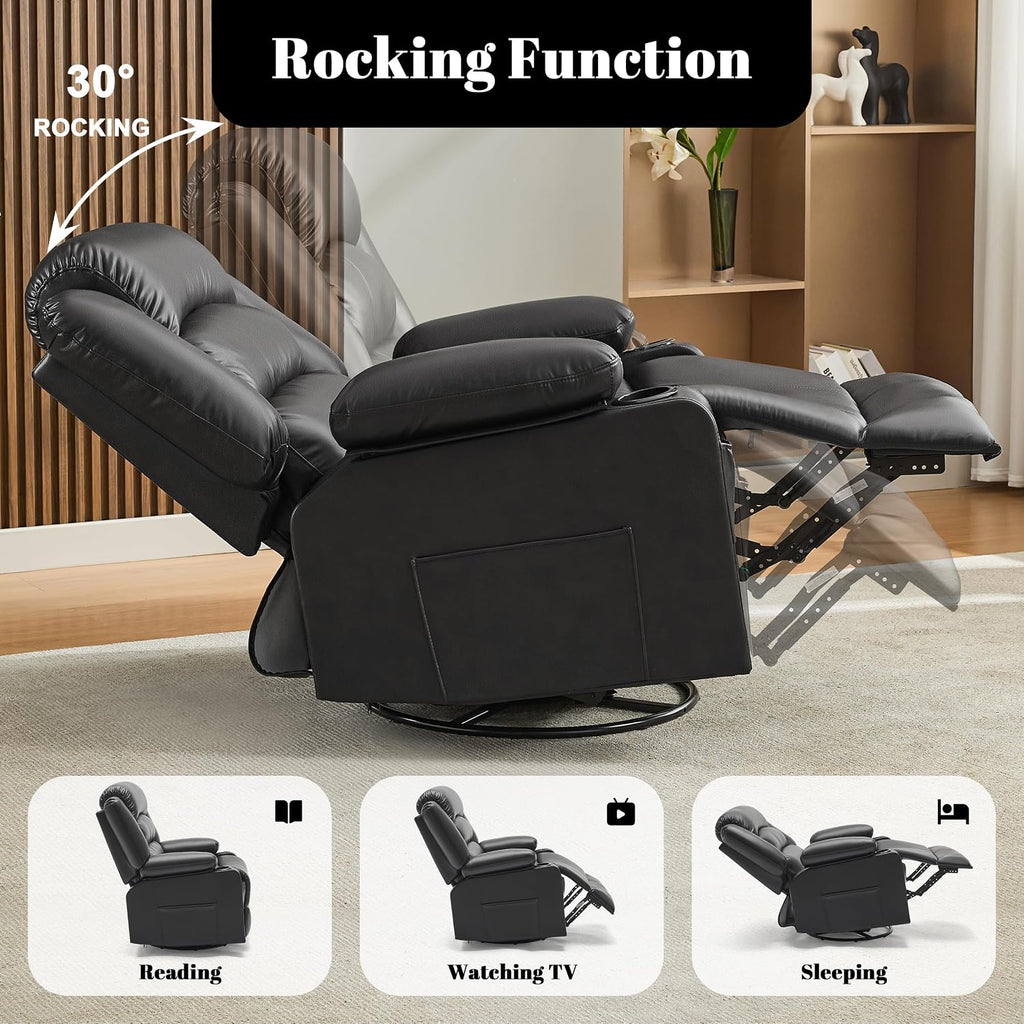 Oversized Nursery Rocking Chairs with Heat and Massage, 360° Swivel Recliner Chair for Adults, Recliner Single Sofa Seat with Cup Holders, Lazy Boy Recliner Single Sofa (Oversized Manual, Black)