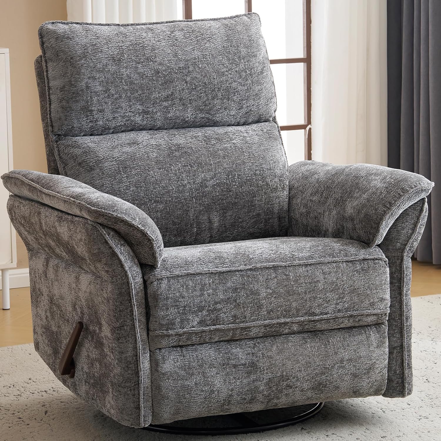 Oversized Swivel Rocker Recliner with Adjustable Headrest, Rocking Chair Nursery with Overstuffed Armrest, Manual Rocker Recliner Nursery Chair for Living Room, Dark Grey