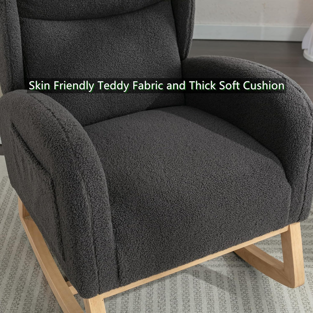 Setawix Teddy Rocking Glider Chair for Nursery,Upholstered Living Room Rocker Arm Chair,Leisure Sherpa Wingback Armchair,Mid Century Modern Rocking Accent Chair with Side Pockets (Wingback Dark Grey)