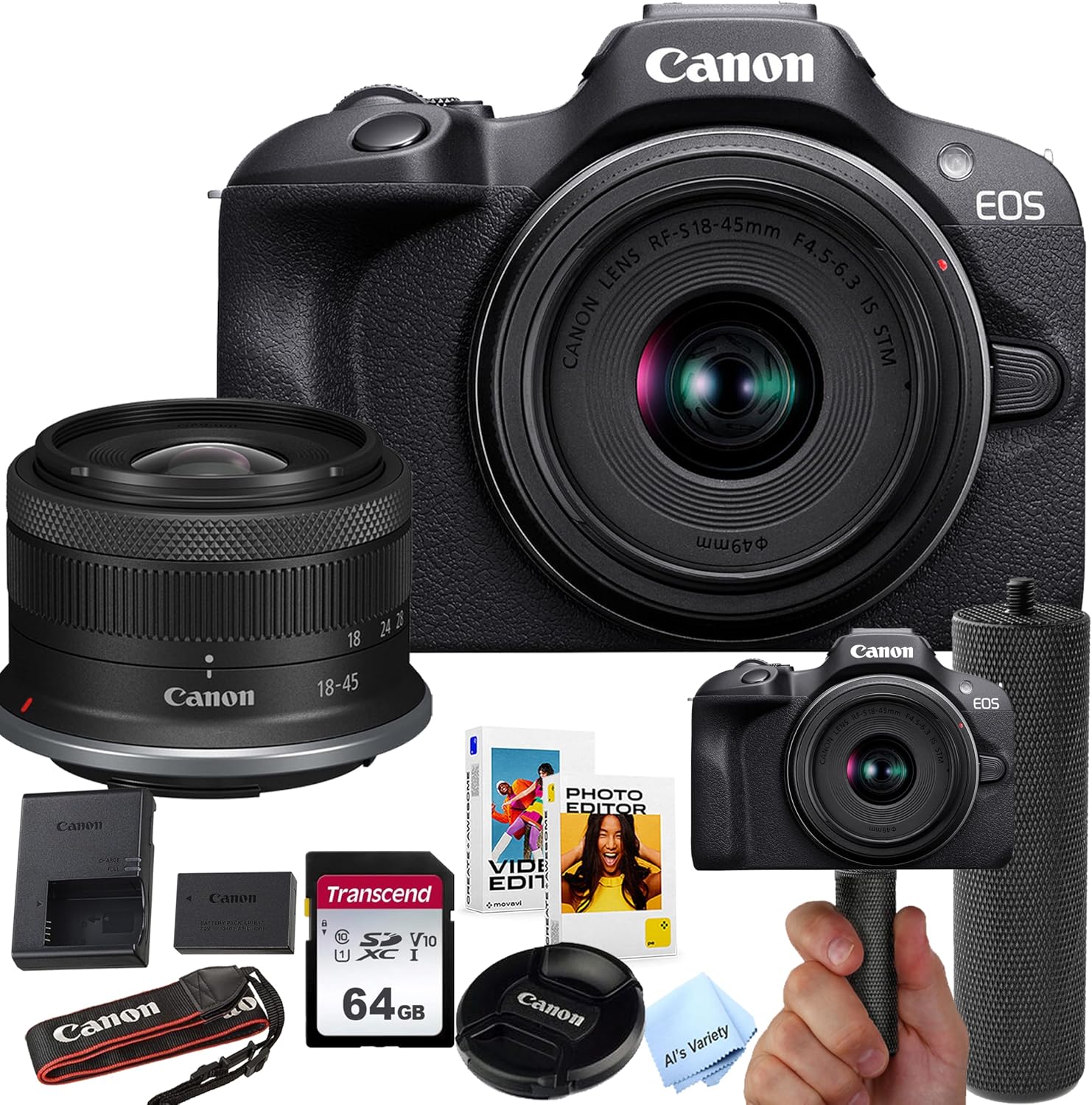 Canon EOS R100 24.2MP APS-C CMOS Sensor Mirrorless Camera with 18-45mm Lens + 64GB Memory + Stabilizing Grip + Software Pack +More (Value Bundle) (Renewed)