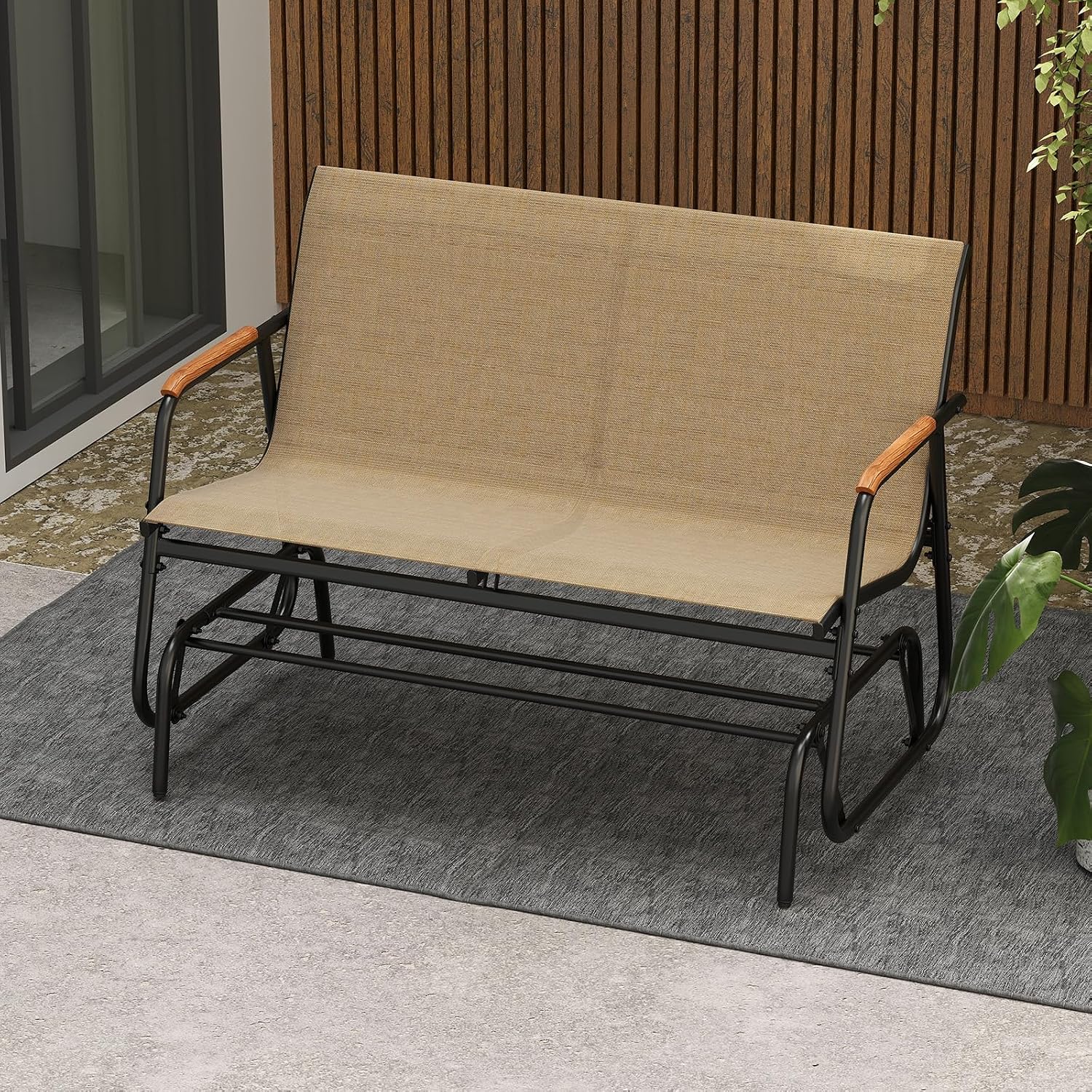 Tangkula 2-Person Outdoor Glider Bench, Patio Gliding Loveseat with Breathable Fabric Seat, Curved Teak Wood Armrests and Metal Frame, Swing Rocking Chair for Backyard, Garden, Porch, Balcony (2 Seat)