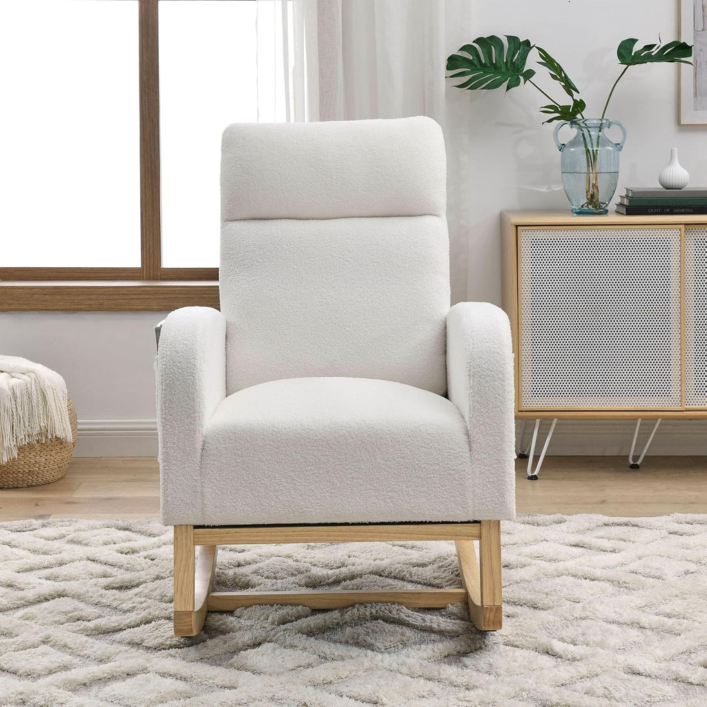 Nursery Rocking Chair Teddy Upholstered Accent Rocker Chair with High Backrest, Soft Rocker Glider Solid Rubber Wood Leg for Bedroom Living Room Nursing Room, Two Side Pocket, White Classic