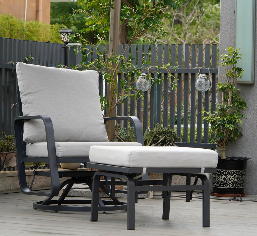 Patio Glider Swivel Rocker Chair: 1pcs Aluminum Alloy Ensemble 360° Swivel Rocking Glider Chair, Rust-Resistant Frame Cushions -Perfect for Backyard, Deck, Porch, Balcony (1 Glider Chair& 1 Ottoman)