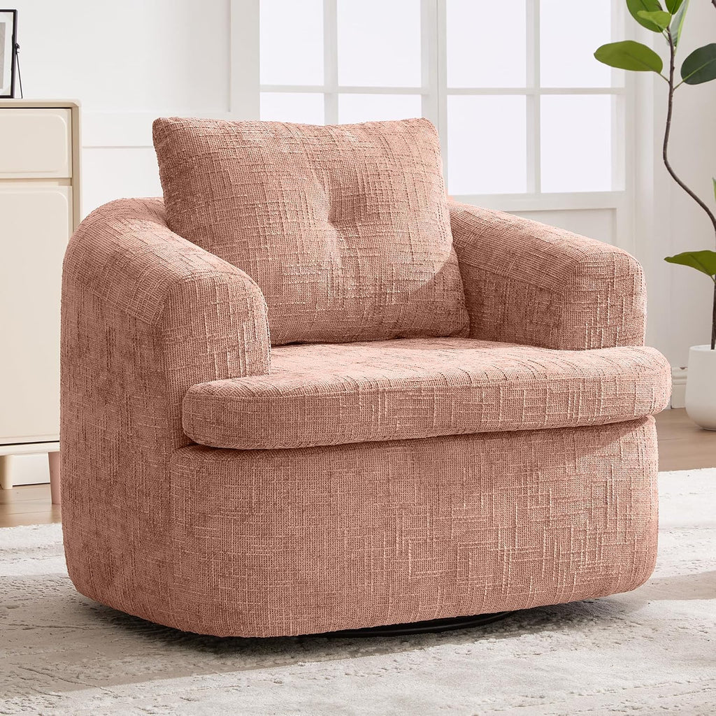 JIVOIT 360° Swivel Barrel Accent Chair, 36.6' Swivel Round Sofa Chair with Dual-Layer Cushion Design, Modern Upholstered Single Sofa for Living Room, Bedroom, Office and Hotel (Pink, 121)