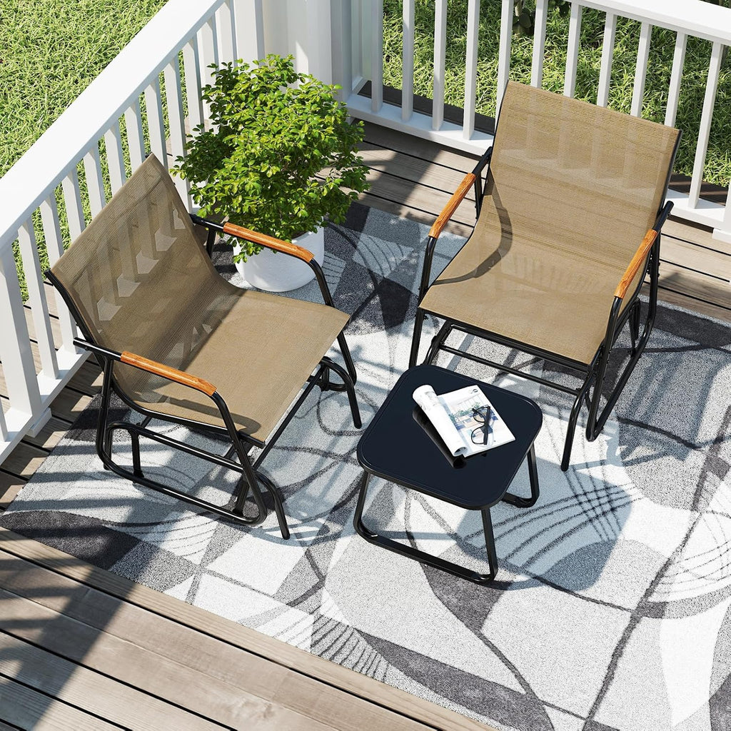 Giantex 3-Piece Outdoor Glider Set, 2-Pack Rocking Chairs with Small Tempered Glass Coffee Table, Metal Frame, Porch Rocker, Patio Bistro Set for Outside, Garden, Backyard, Balcony, Brown