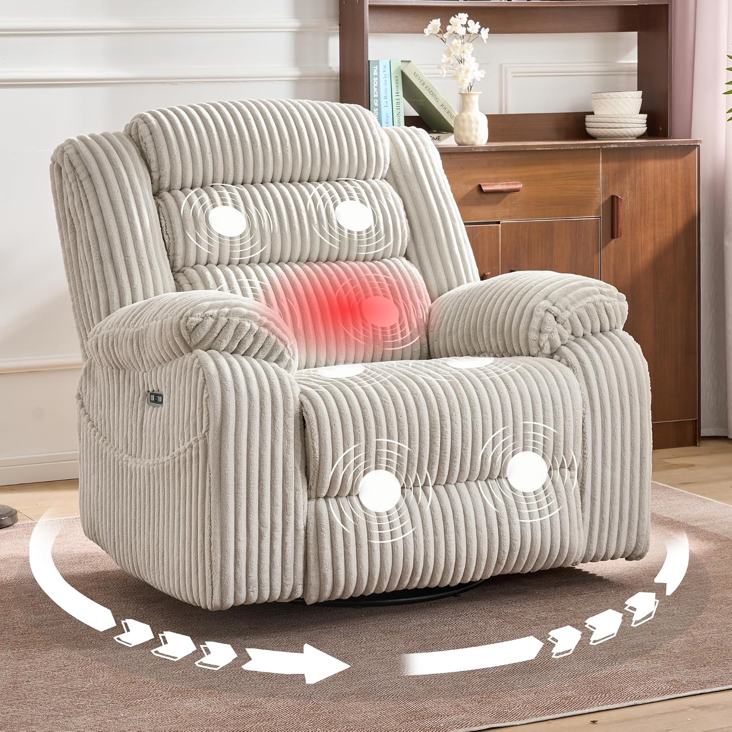 JUUXO Extra Wide Power Swivel Rocker Recliner for Adults with Heat Massage, USB & Type-C Charging, Electric Glider Rocking Chair for Living Room Nursery Bedroom Office