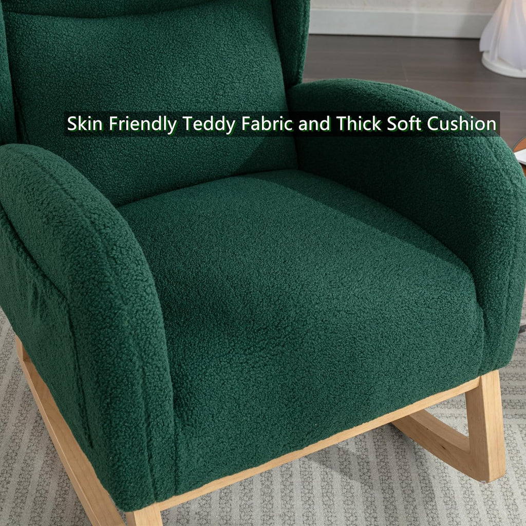 Setawix Teddy Rocking Glider Chair for Nursery,Upholstered Living Room Rocker Arm Chair,Leisure Sherpa Wingback Armchair,Mid Century Modern Rocking Accent Chair with Side Pockets (Wingback Green)