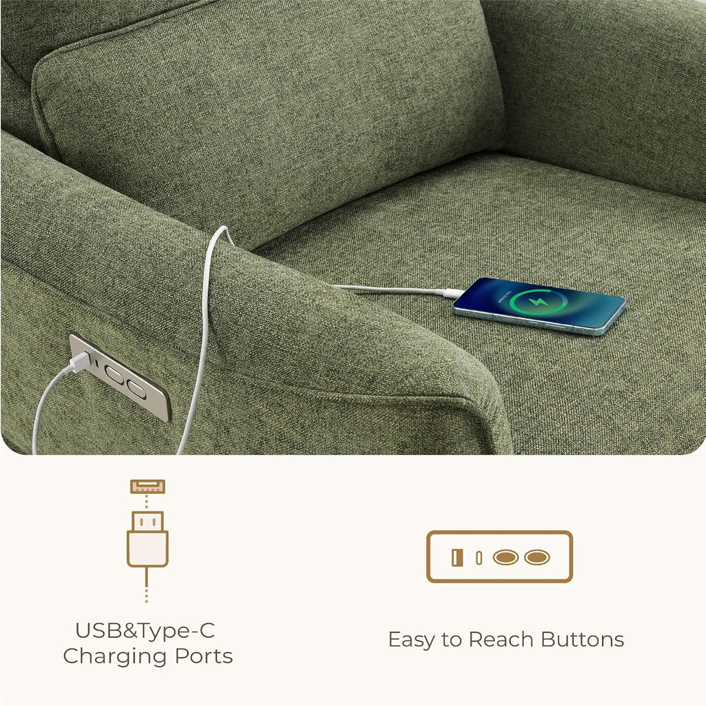 CHITA Power Nursery Rocking Chair, Swivel Glider Recliner Chair with Solid Wood Base, Bulit-in USB & Type-C Charging Ports for Living Room, FSC Certified, Moss Green