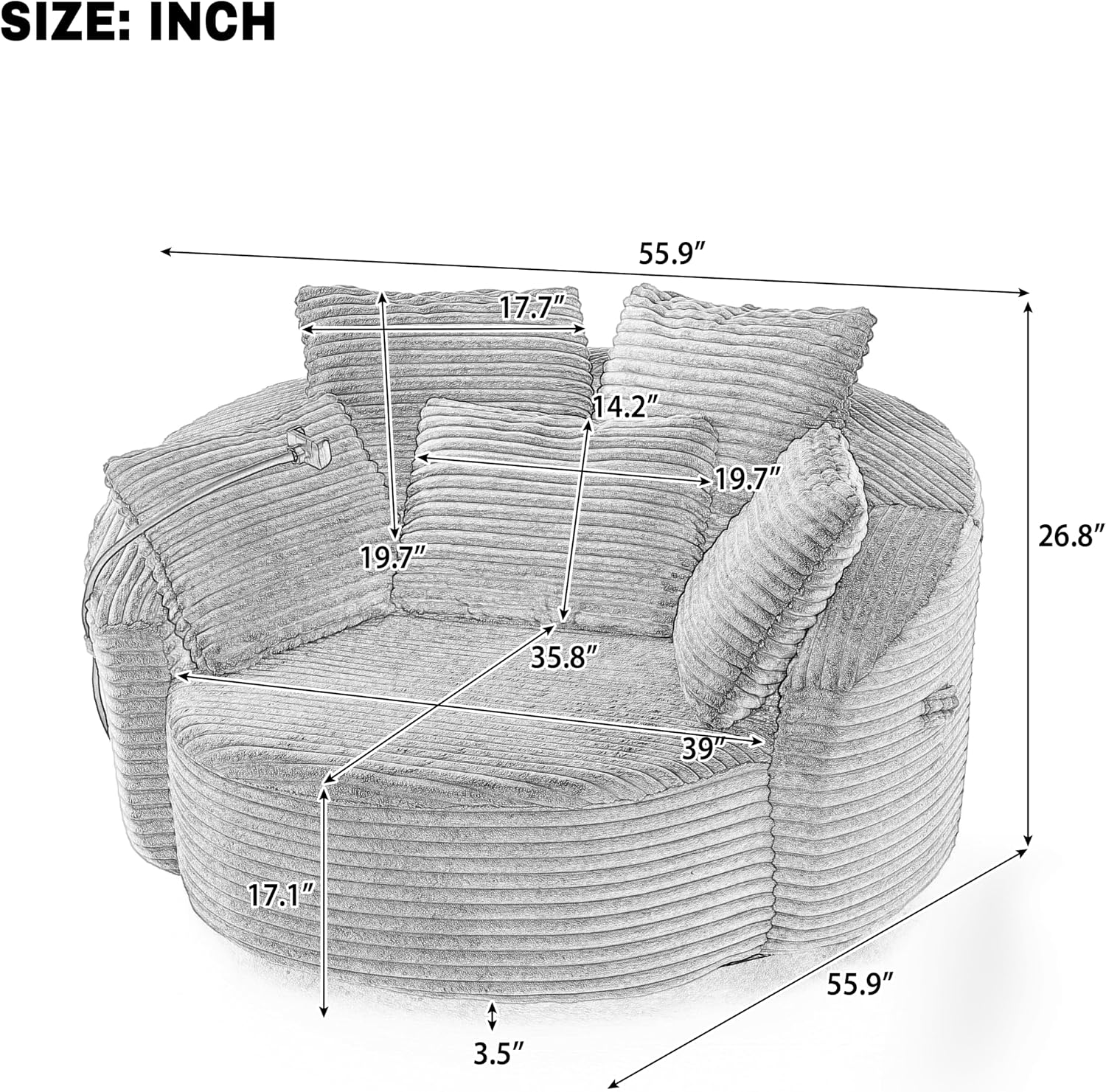 JIVOIT 360° Swivel Accent Chair with 5 Throw Pillows, Adjustable Phone Holder, Corduroy Fabric Round Sofa Chair Barrel Chair with Semi-Wraparound Design for Living Room, Office and Hotel (Gray,1)