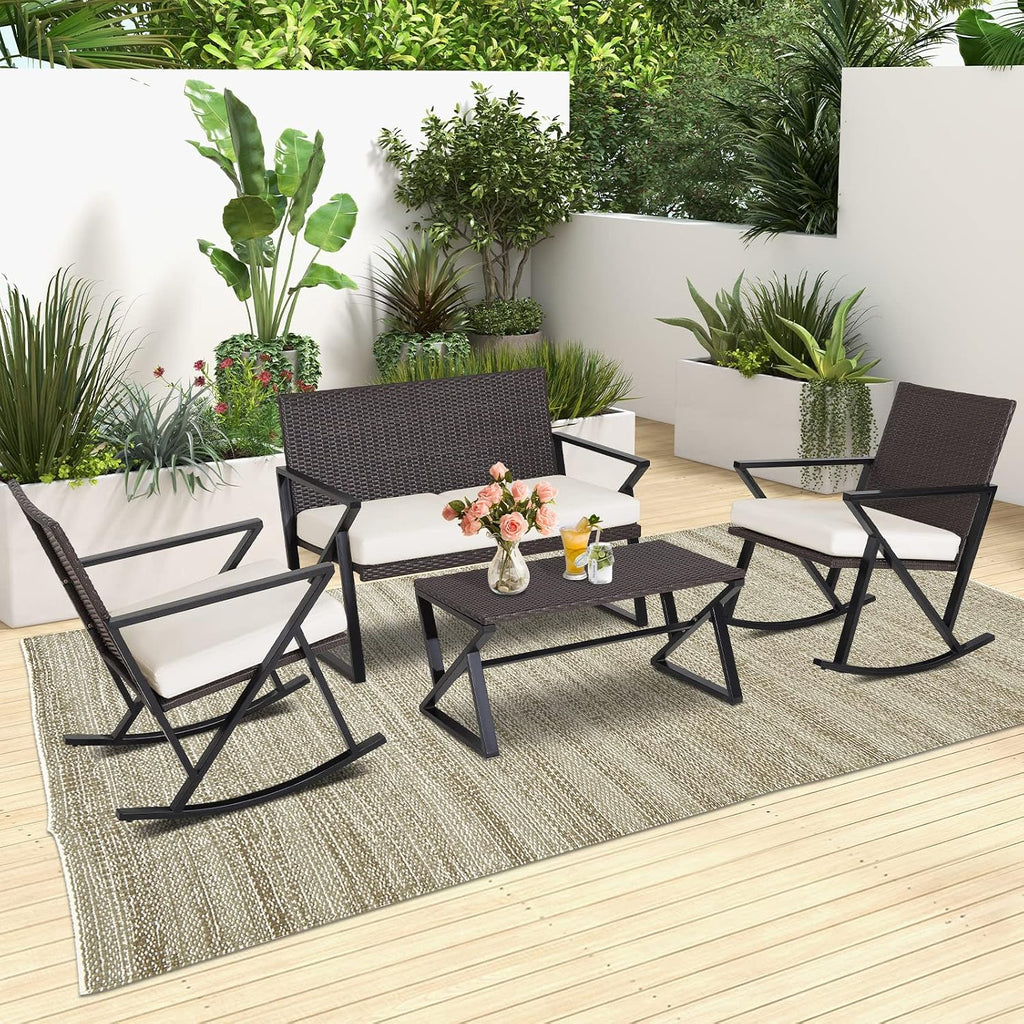 Tangkula 4 Piece Patio Rocking Furniture Set, Patiojoy Heavy Duty PE Wicker Loveseat with 2 Rocking Chairs & 1 Coffee Table, Outdoor Rattan Conversation Set for Porch, Poolside, Balcony