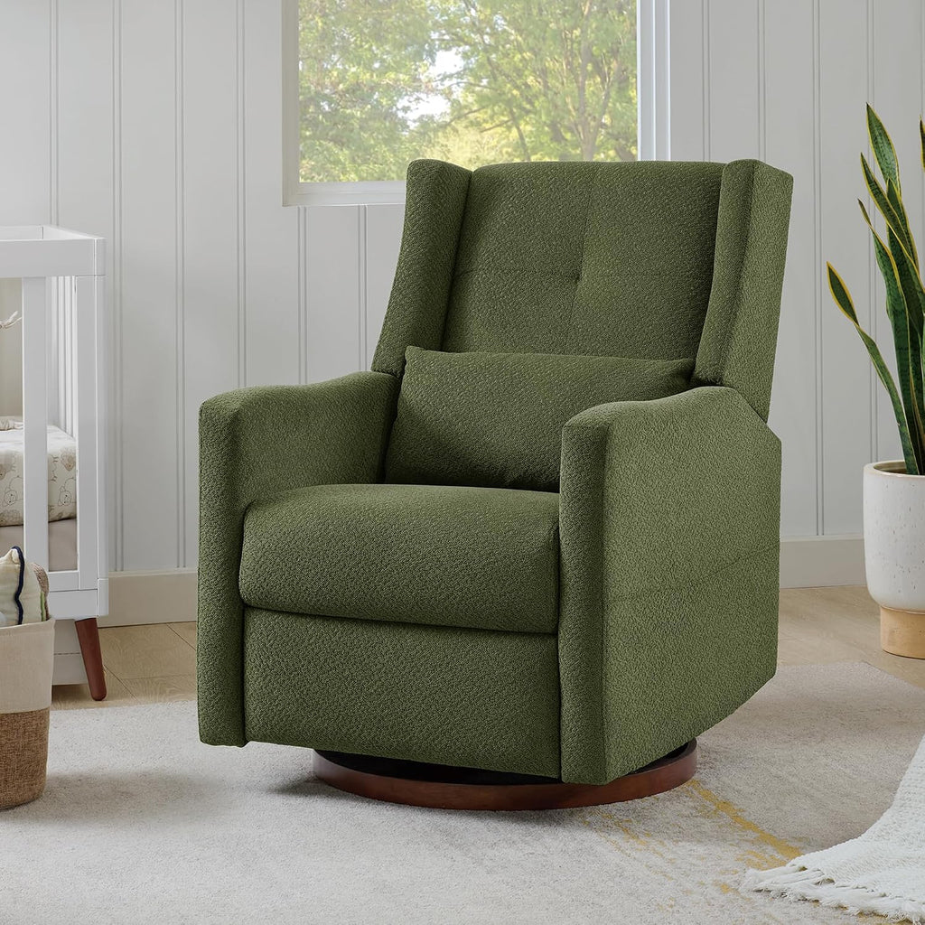 KISLOT Upholstered Recliner Swivel Glider Nursery Chair Reclining Performance Fabric Rocker with Wood Base,Boucle,Moss Green