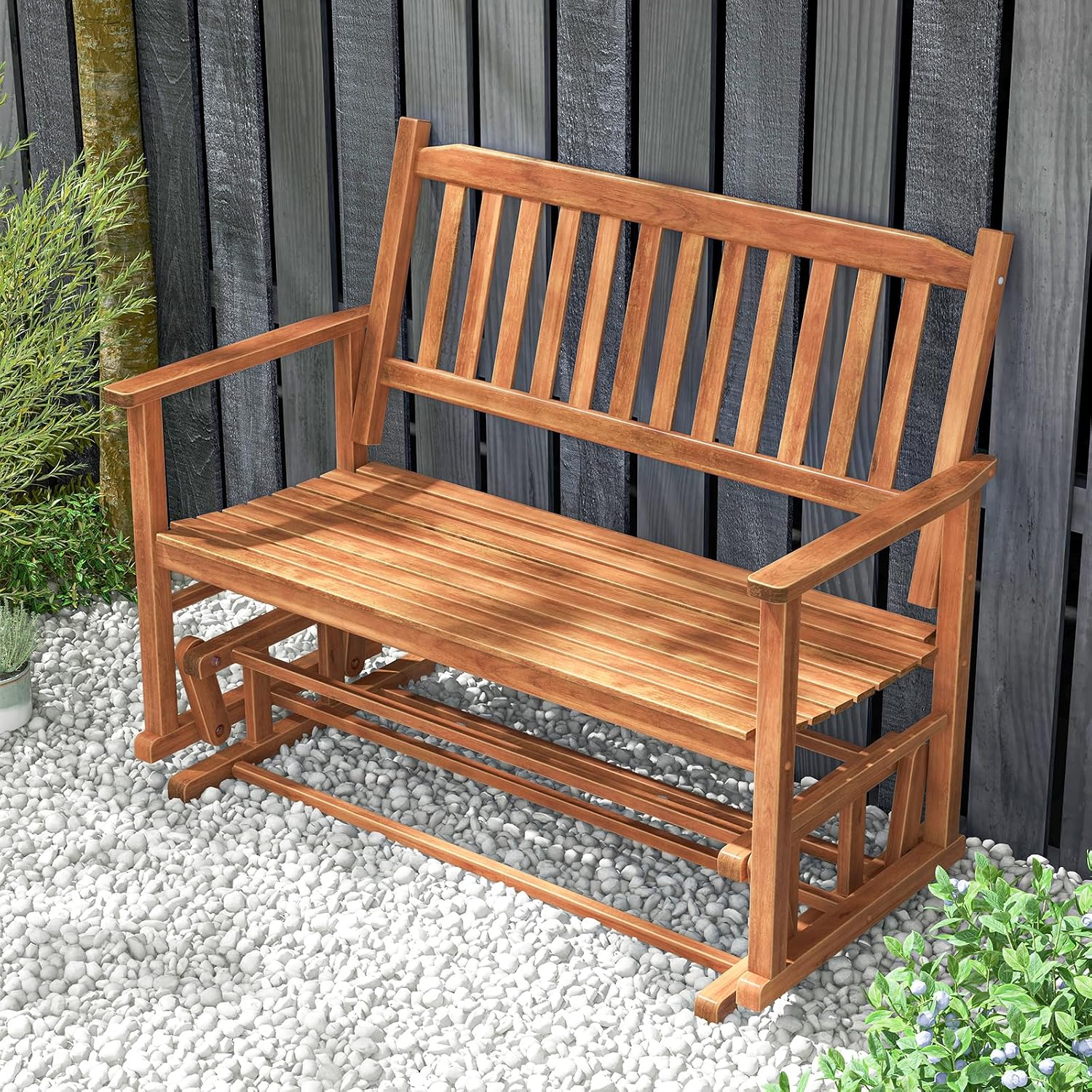 Tangkula 2 Person Outdoor Glider Bench, Poplar Wood Patio Swing Glider Loveseat with Armrests, Slatted Seat & Backrest, Porch Rocking Glider Bench for Backyard, Garden, Deck (Natural)
