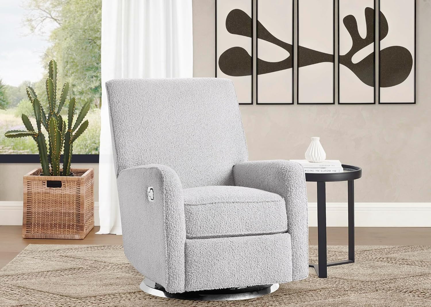 Delta Children Nest Nursery Swivel Recliner - Fabric is GREENGUARD Gold Certified and Oeko-TEX Standard 100 - Upholstered in a Unique Chenille Yarn for Blanket Like Softness, Fog