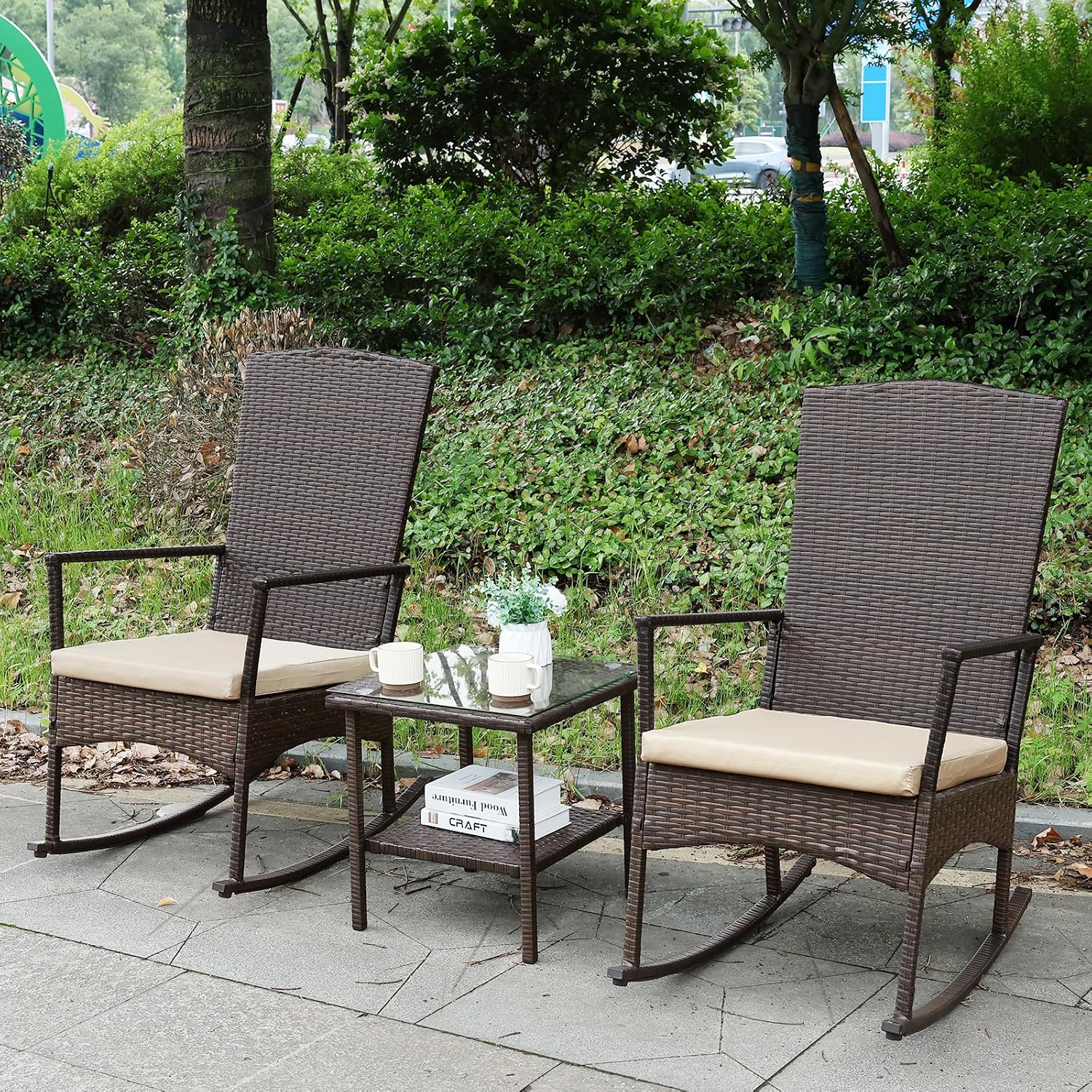 Outdoor Rocking Chair 3 Pieces High-Backed Rocking Chair Patio Rocking Chairs Outdoor Table, Khaki