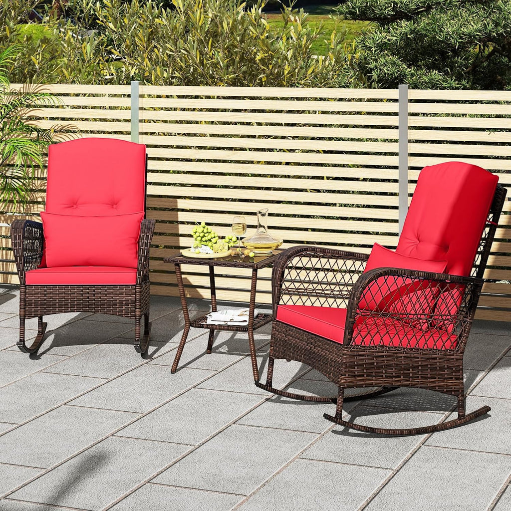 Tangkula 3 Piece Patio Rocker Set, Patiojoy Outdoor Wicker Rocking Chairs w/Double-Layer Coffee Table, Rattan Rocker Chair Set w/Seat Back Cushions & Pillows, for Porch, Backyard, Poolside (Red)