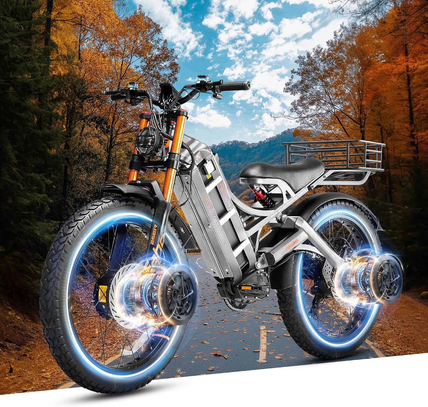 eAhora 2025 Romeo Pro 2 Electric Bike for Adults 4000W Dual Motor Electric Bicycle 46MPH 52V 70Ah 200+Miles Long Range 26 * 4.0 Fat Tire Full Suspension Electric Mountain Bike Rack+Basket Gray