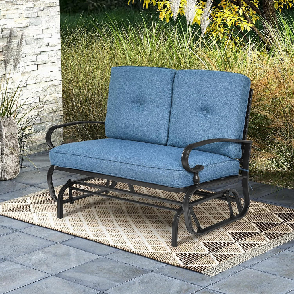 Tangkula Outdoor Swing Glider Chair, Patio Glider Bench for 2 Persons, Outdoor Rocking Loveseat with Steel Frame & Comfortable Cushions for Garden, Porch, Balcony, Poolside (Blue)