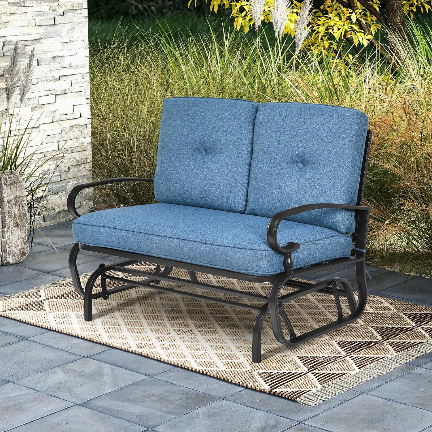 Tangkula Outdoor Swing Glider Chair, Patio Glider Bench for 2 Persons, Outdoor Rocking Loveseat with Steel Frame & Comfortable Cushions for Garden, Porch, Balcony, Poolside (Blue)