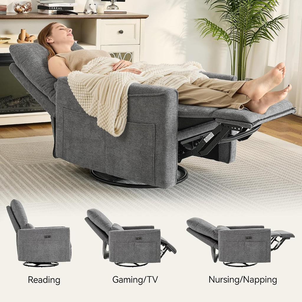 Power Swivel Rocker Recliner,Fabric Glider Recliner Nursery Chair,Small Rocking Chair,Single Reclining Sofa with Lumbar Support,USB&Type-C Ports,Living Room Home Threater Seat, Flint Grey