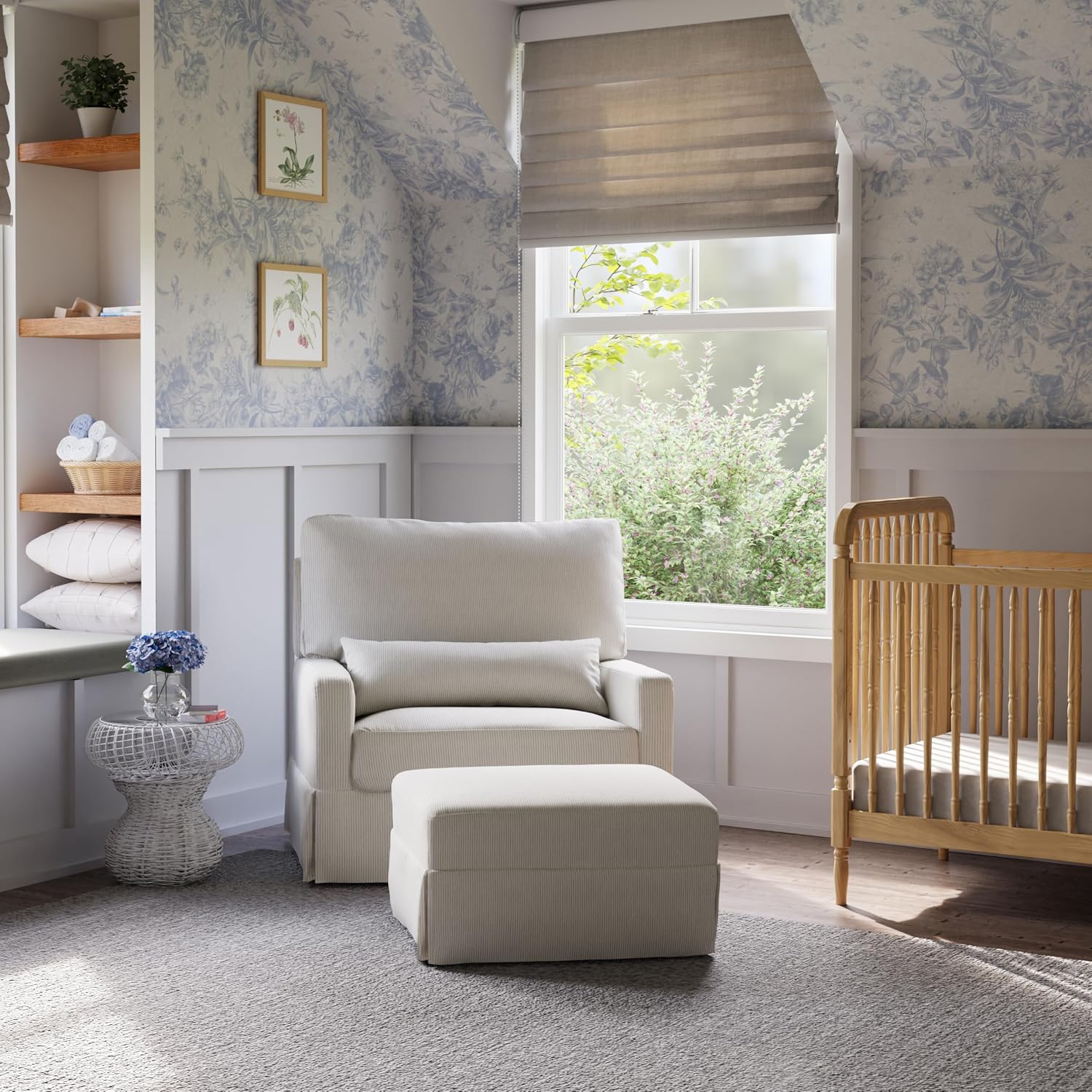 Namesake Crawford Pillowback Chair and a Half Comfort Swivel Glider in Fog Chatham Stripe Performance Eco-Weave, Water Repellent, Greenguard Gold & CertiPUR-US Certified