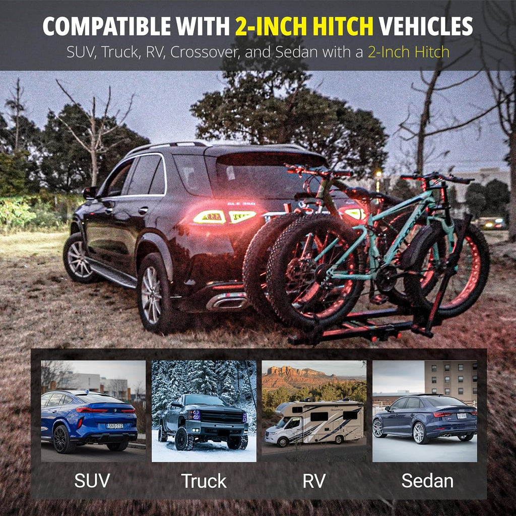 TrailV2 Plus Hitch 2 Ebike Rack with Ramp, Tilt, Fold, Anti-Theft Hitch & Wheel Locks, Heavy Duty 170 lbs Capacity, Fits 2' Receiver, Max 5' Fat Tires, Electric Bike Rack for Car, SUV, Truck, RV