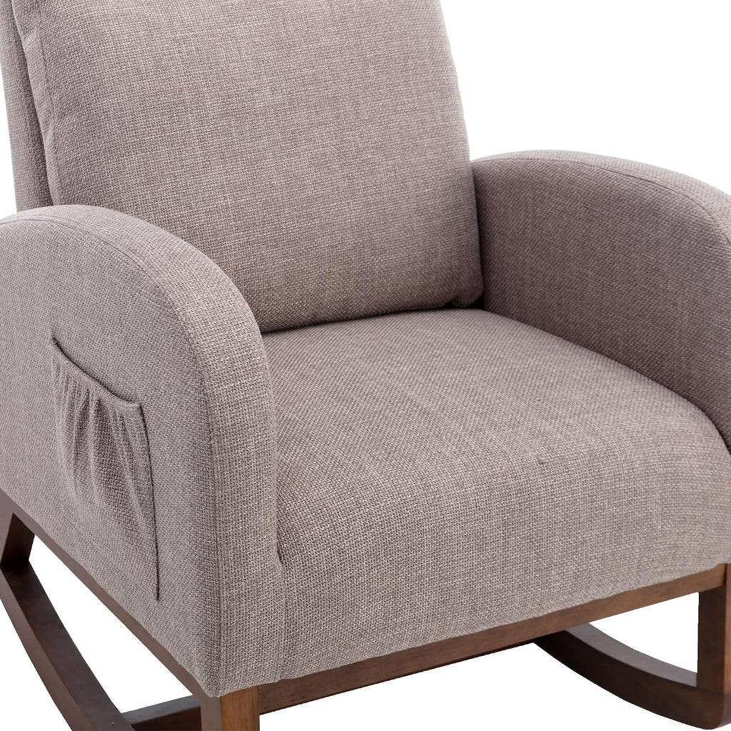 Modern Rocking Chair with Breathable Yellow Linen & Solid Wood Legs - Recliner Glider Armchair Featuring Side Pocket, High Back Support for Nursery, Living Room, Bedroom (Grey)